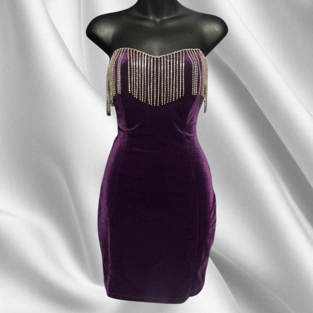 Purple Velvet Rhinestone Mini Dress - Picture 3 of 7